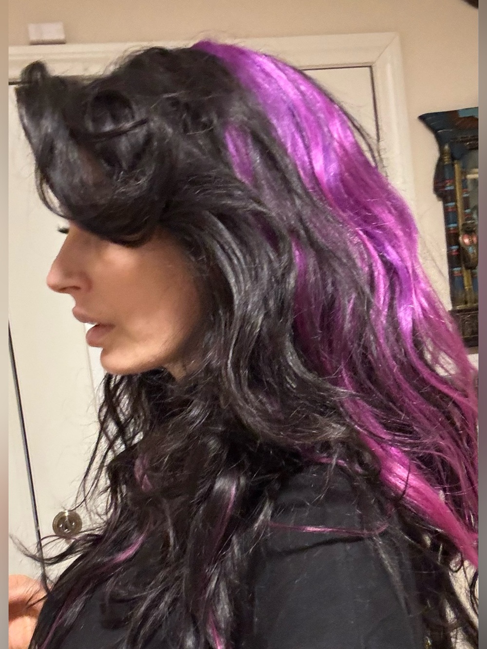 100% Human Hair Black with Purple Highlights Wig